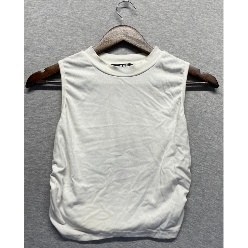Cider Cropped Tank Top Womens Medium White Rayon Stretch Ruched Side Everyday